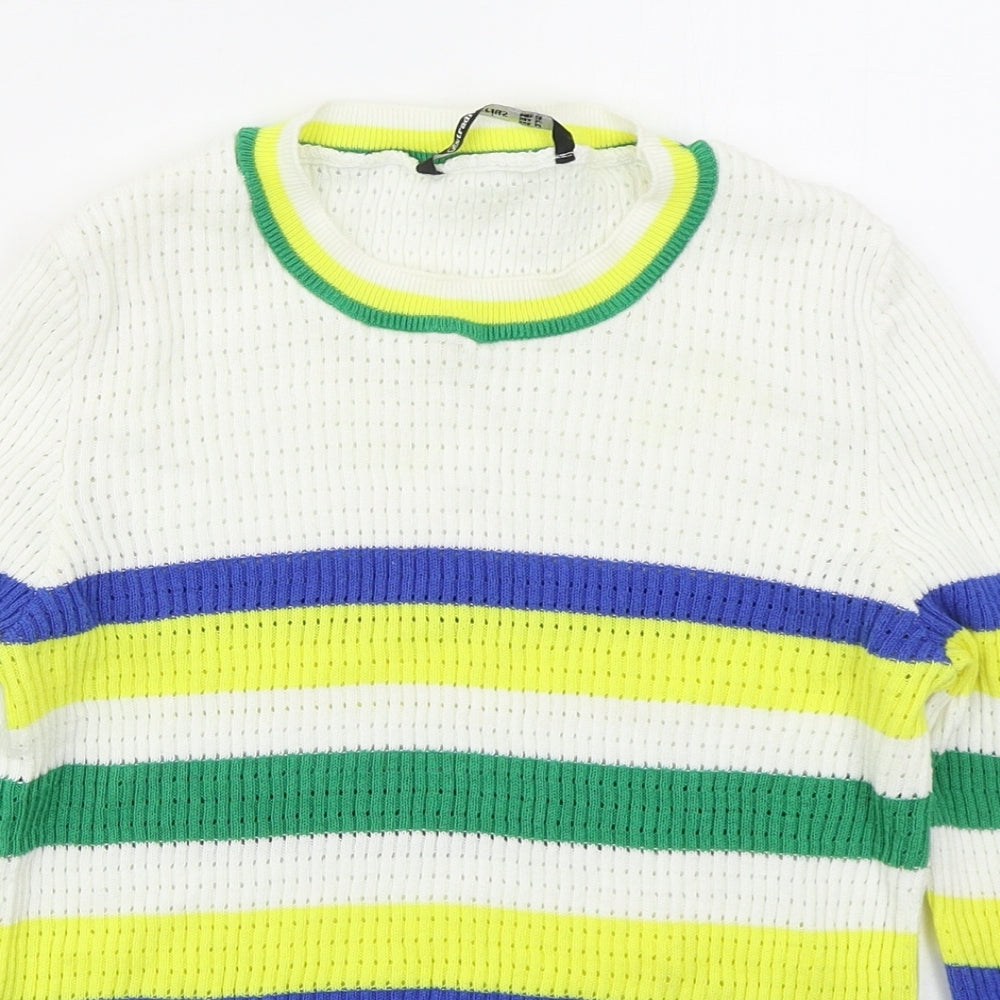 Stradivarius Womens White Crew Neck Striped Cotton Shrug Jumper Size M   - Green and Yellow