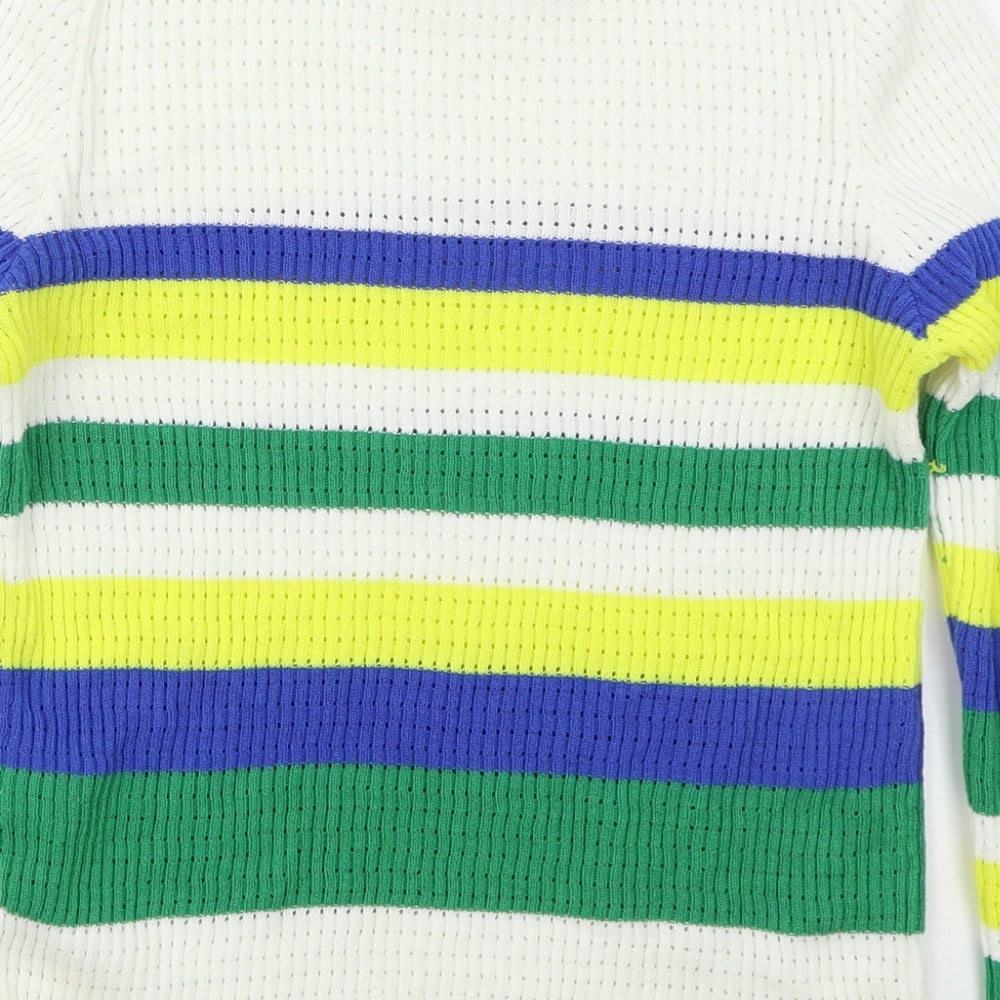 Stradivarius Womens White Crew Neck Striped Cotton Shrug Jumper Size M   - Green and Yellow
