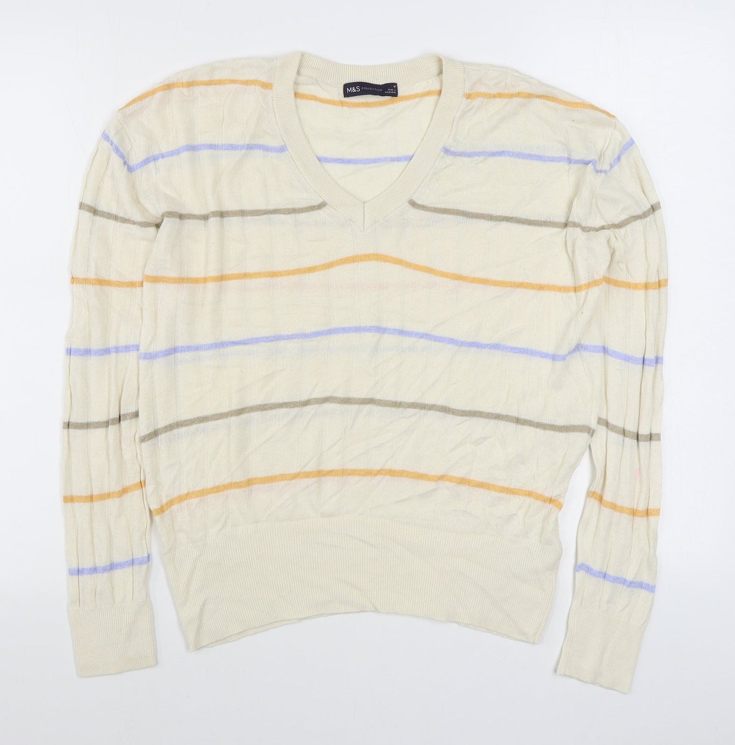 Marks and Spencer Womens Multicoloured V-Neck Striped Viscose Pullover Jumper Size M