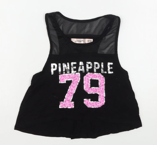 Pineapple  Girls Black Animal Print Viscose Basic Tank Size 9-10 Years Round Neck