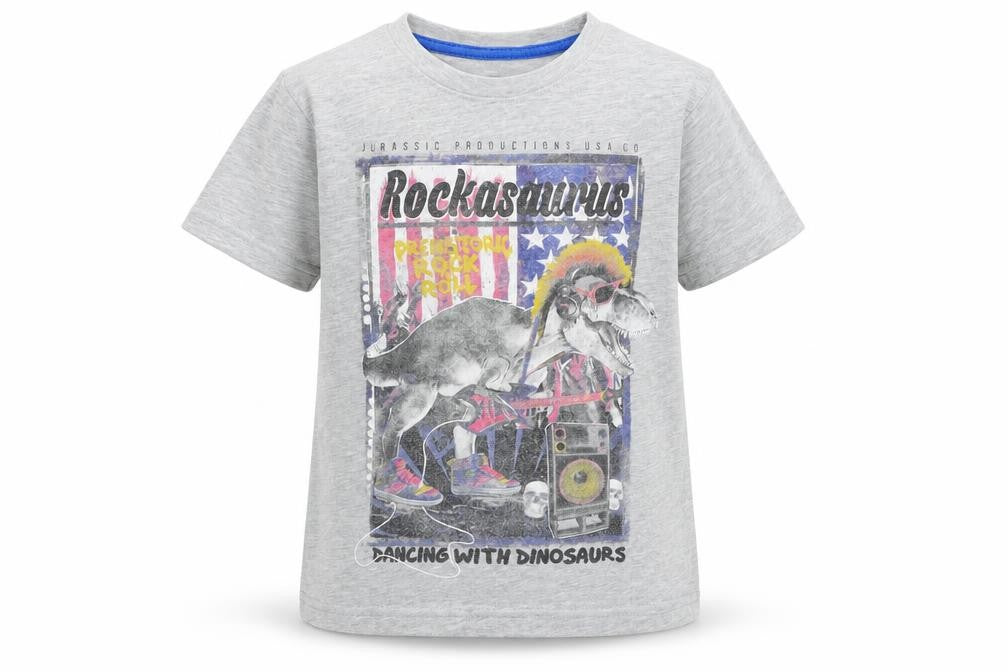 Dunnes Boys Grey  Cotton Basic T-Shirt Size 5 Years Round Neck Pullover - Dinosaur