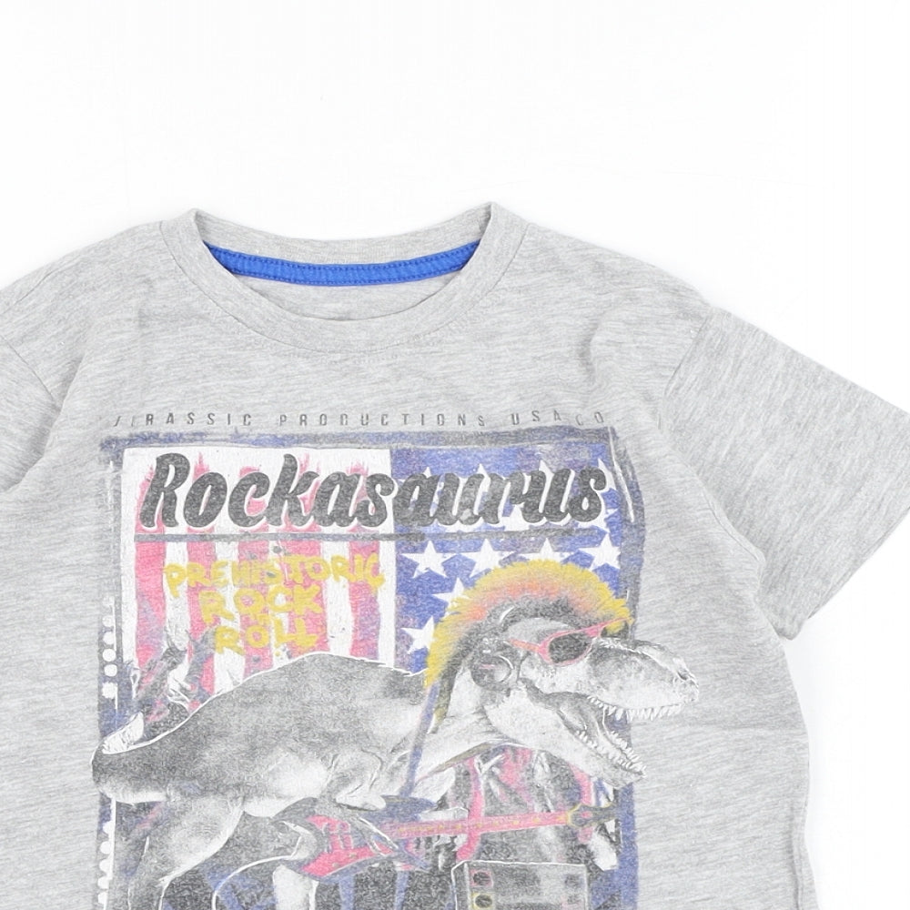 Dunnes Stores Boys Grey  Cotton Basic T-Shirt Size 5 Years Round Neck Pullover - Dinosaur