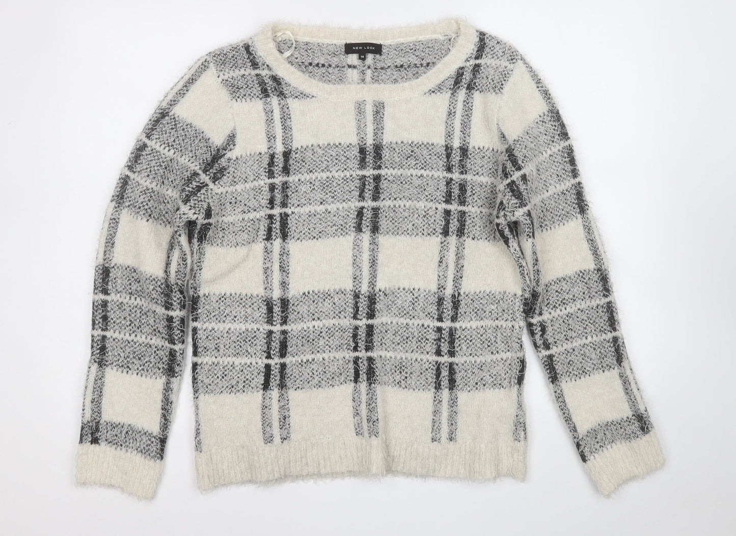 New Look Womens Grey Round Neck Plaid Acrylic Pullover Jumper Size 14