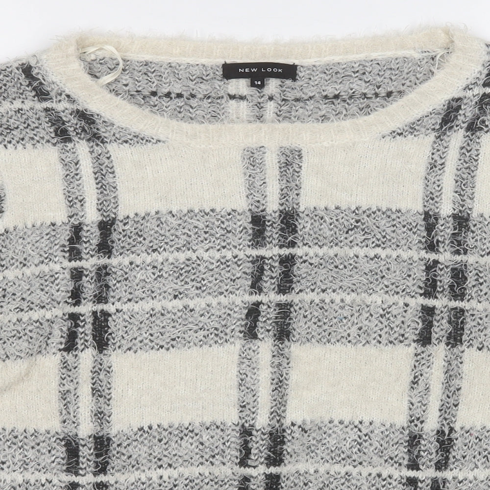 New Look Womens Grey Round Neck Plaid Acrylic Pullover Jumper Size 14