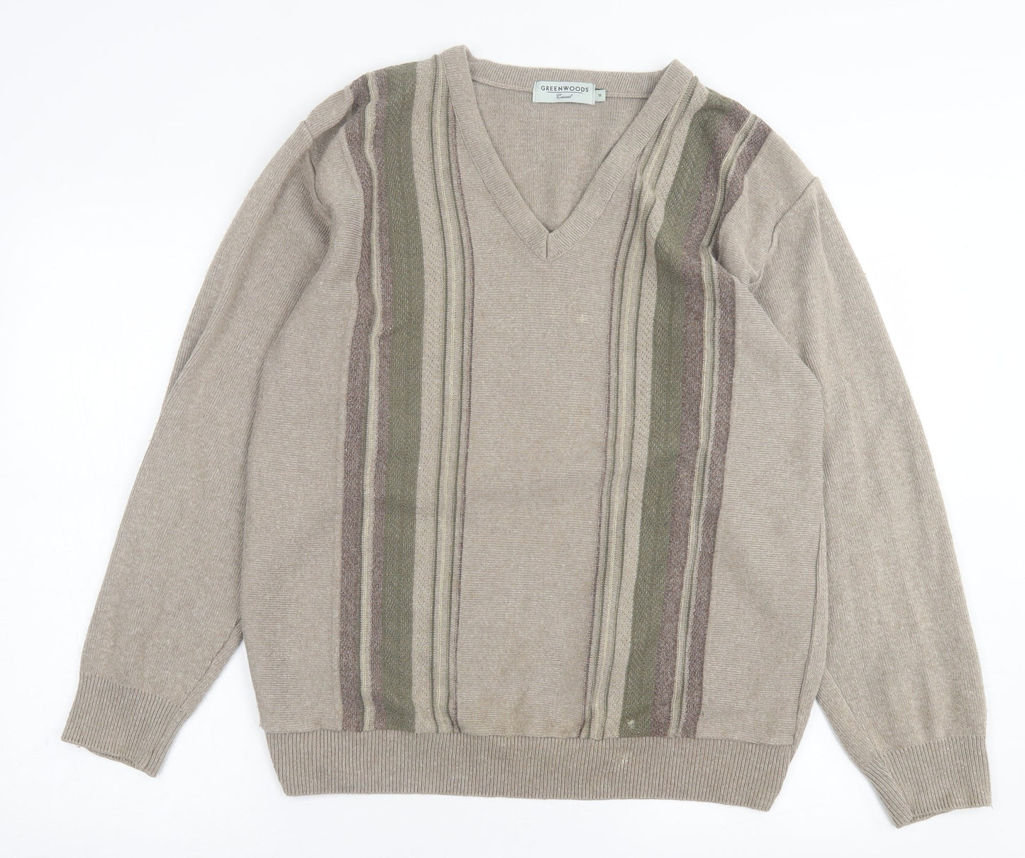 Greenwoods Mens Brown V-Neck Striped Cotton Pullover Jumper Size M