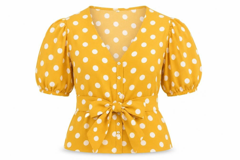 Preworn Womens Yellow Polka Dot Polyester Basic Blouse Size L V-Neck