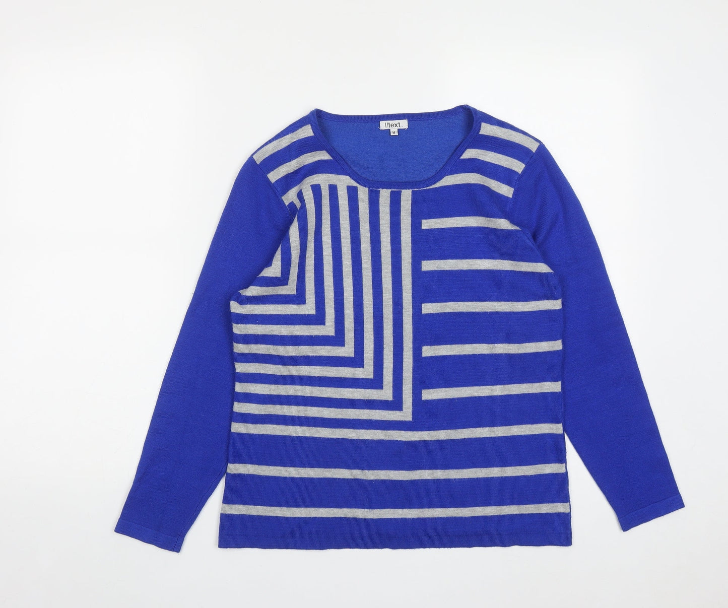 Text Womens Blue Round Neck Geometric Acrylic Pullover Jumper Size M