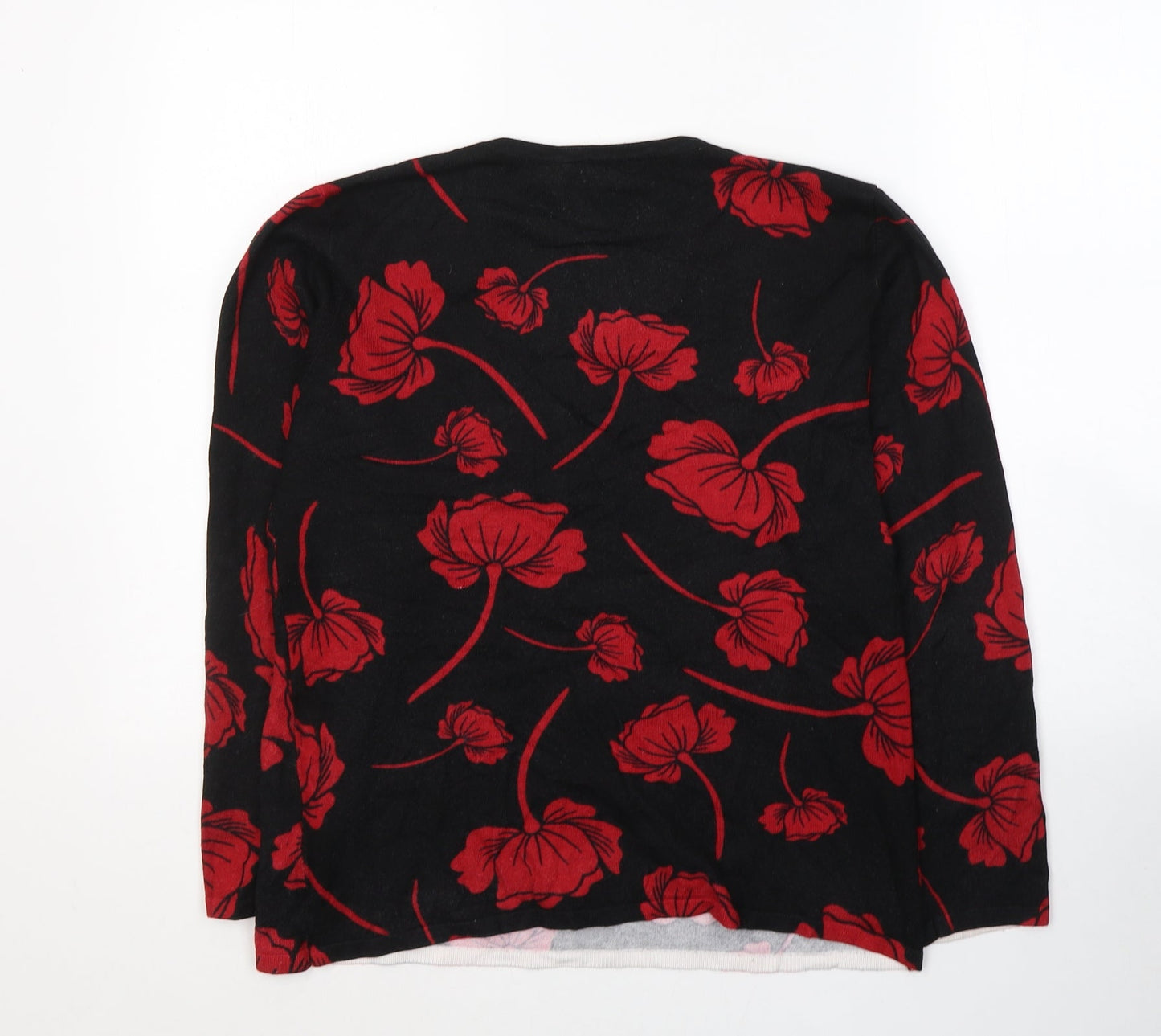 Elite Womens Black Floral Viscose Basic Blouse Size L Round Neck