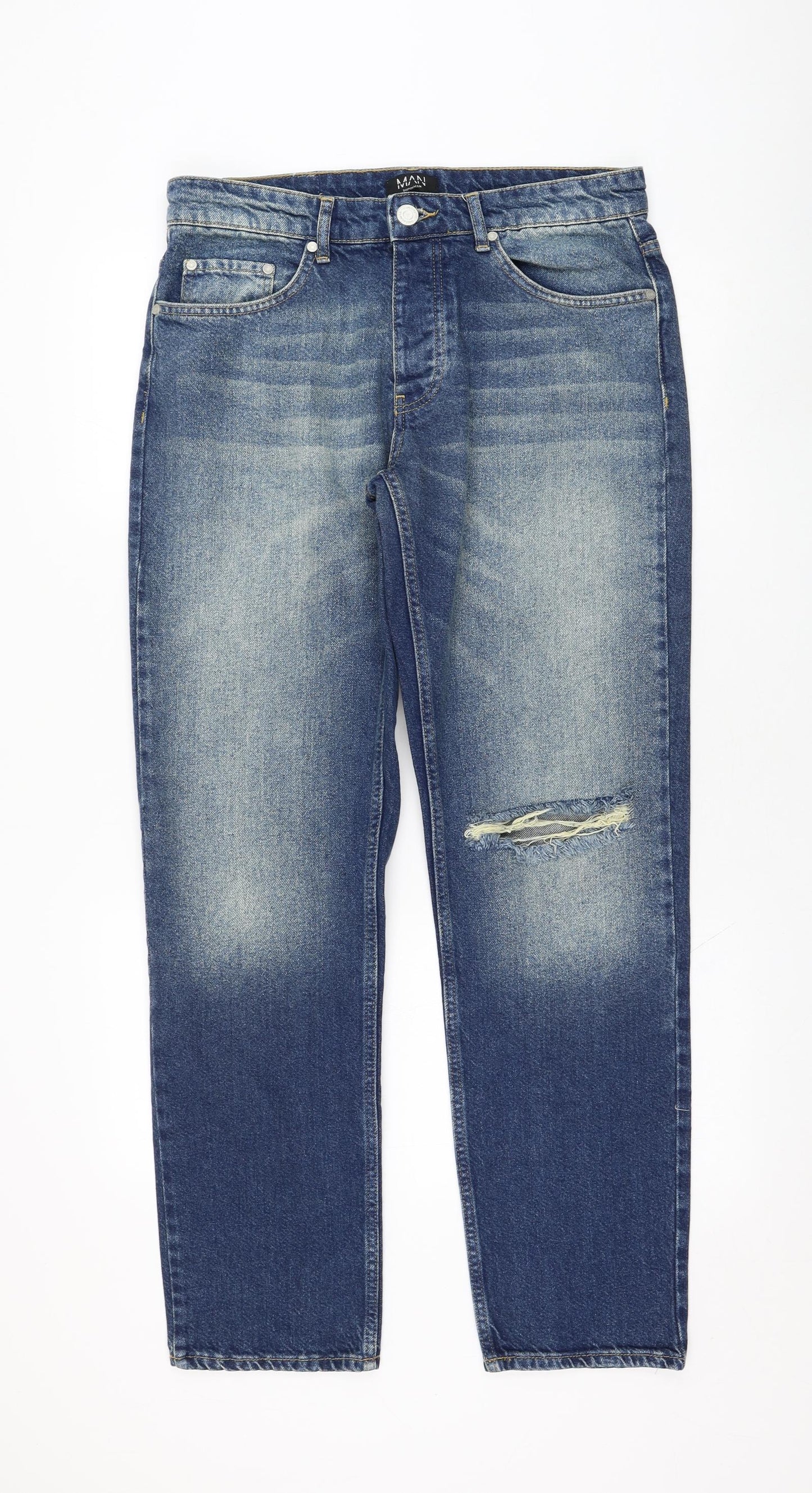 BoohooMAN Mens Blue  Cotton Straight Jeans Size 32 in L32 in Regular Zip