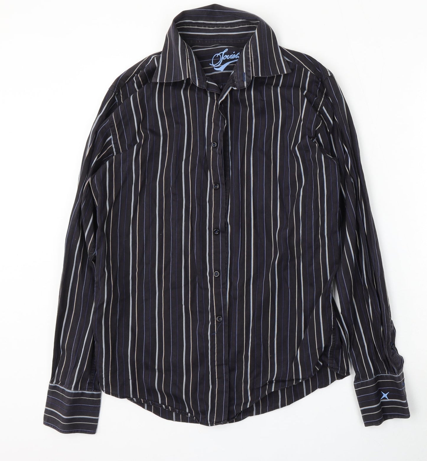 Soviet Mens Black Striped Cotton  Button-Up Size M Collared Button