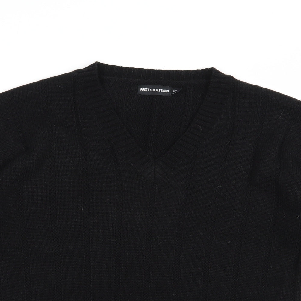 PRETTYLITTLETHING Womens Black V-Neck  Acrylic Pullover Jumper Size S