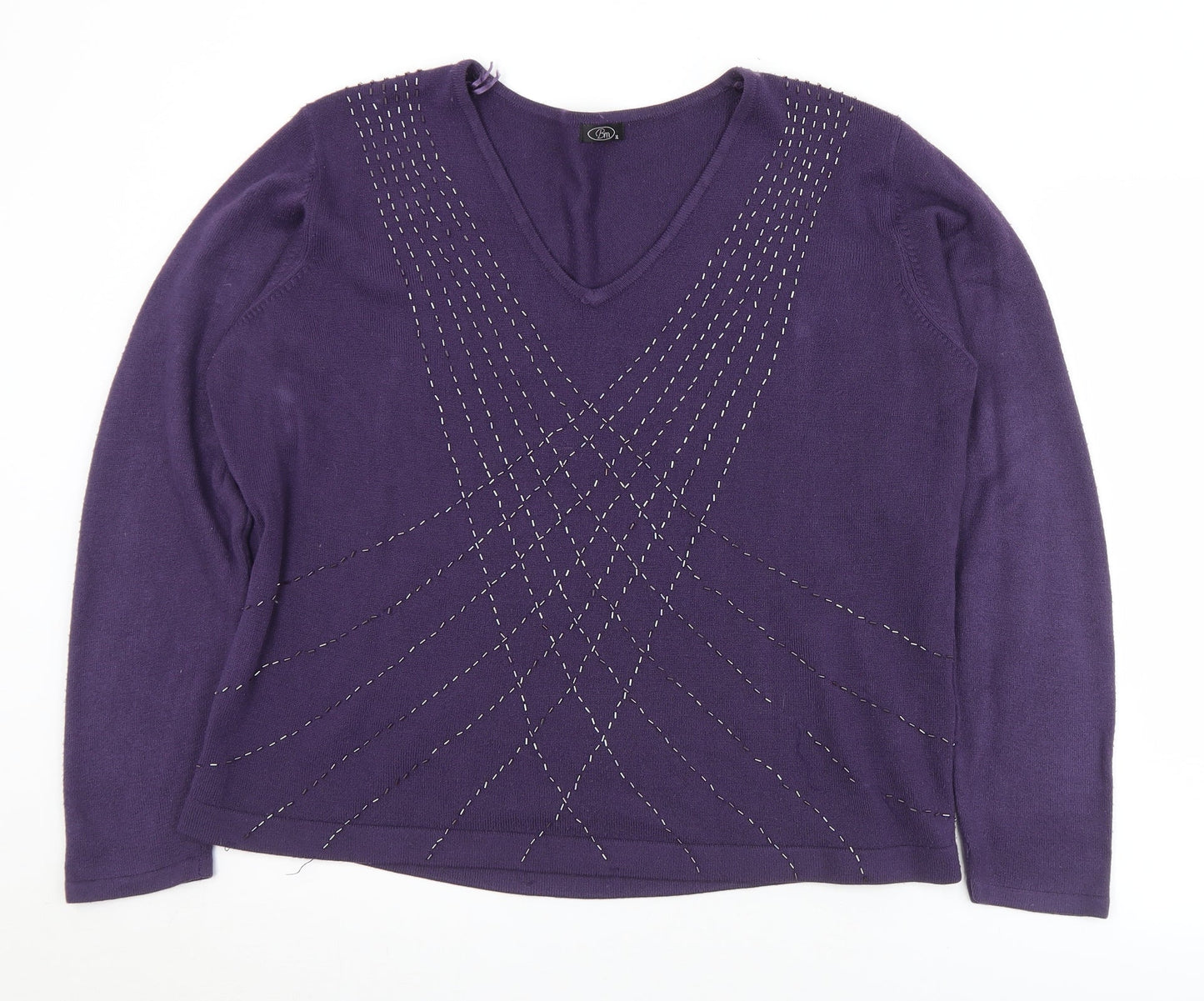 BM Womens Purple V-Neck  Acrylic Pullover Jumper Size XL