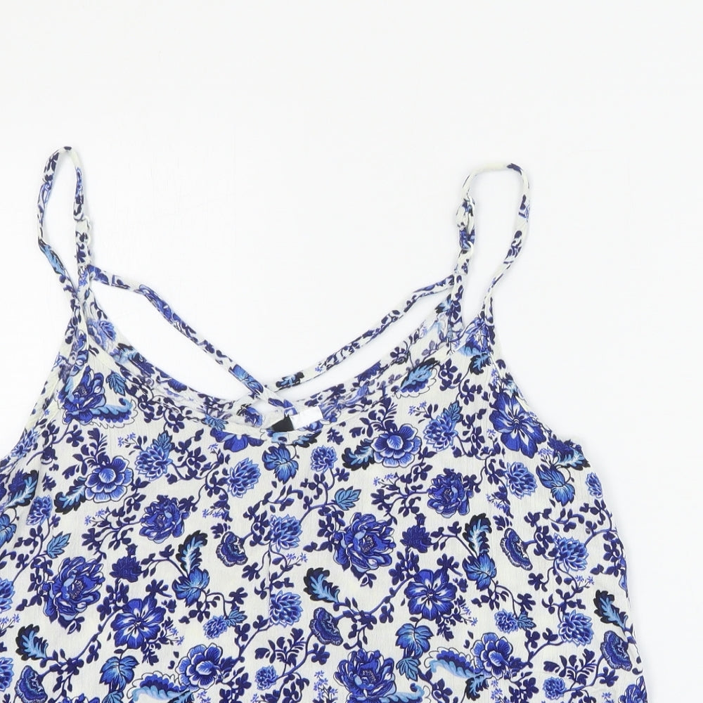 H&M Womens White Floral Viscose Basic Tank Size 8 V-Neck