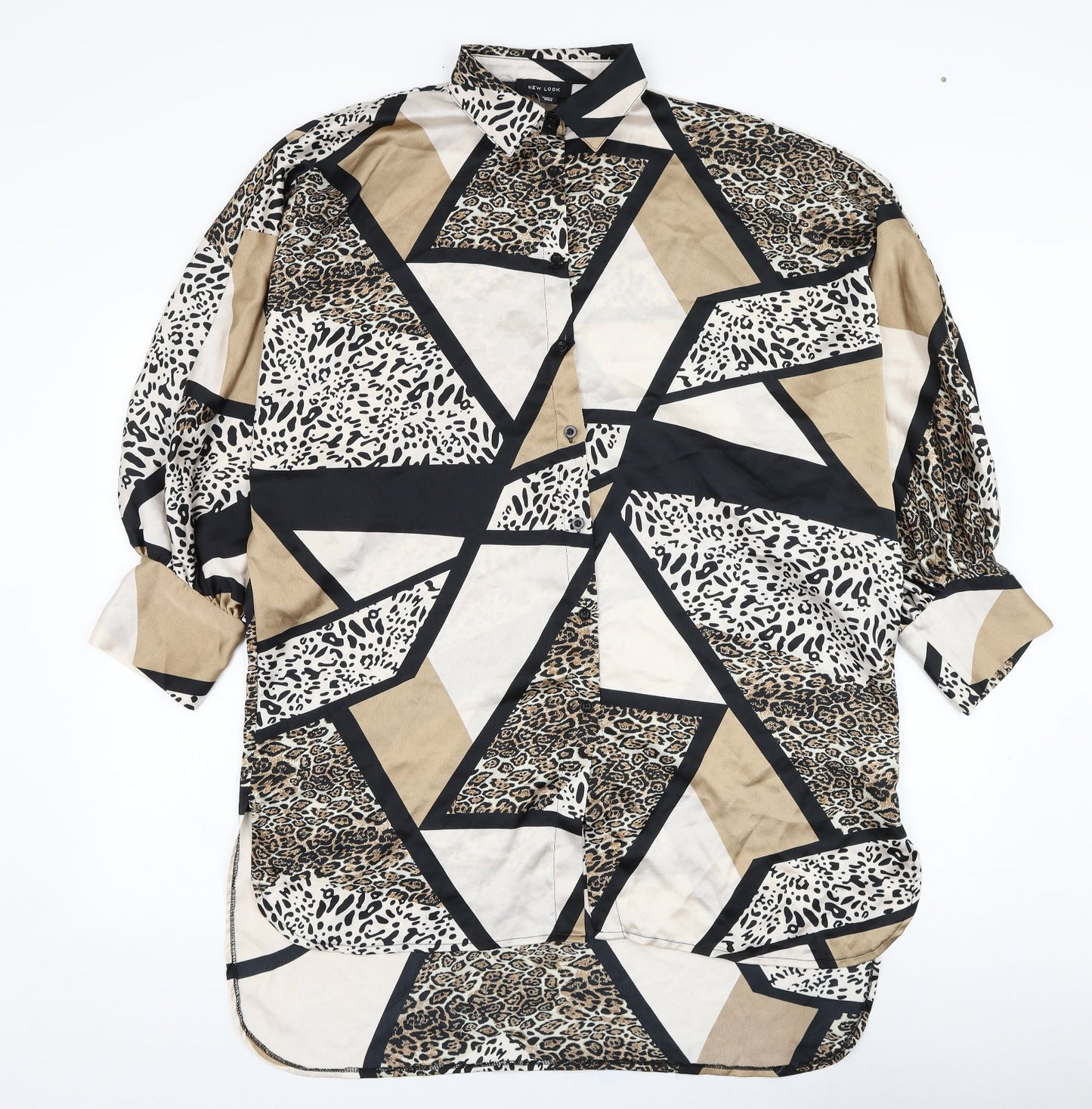 New Look Womens Brown Animal Print Polyester Basic Button-Up Size 8 Collared