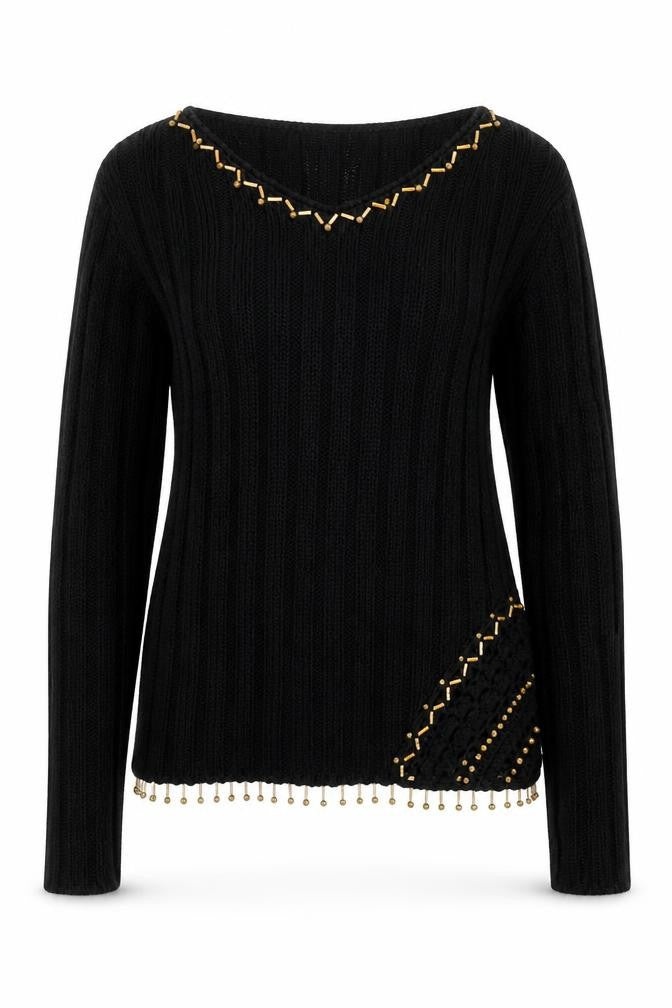 Elegant Womens Black Round Neck  Cotton Pullover Jumper Size M