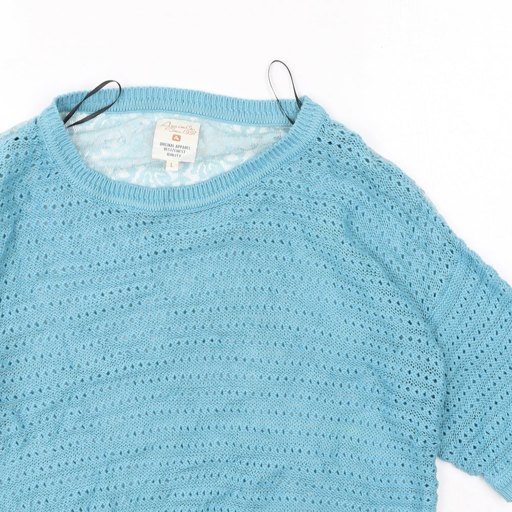 Again Womens Blue Round Neck  Cotton Pullover Jumper Size L