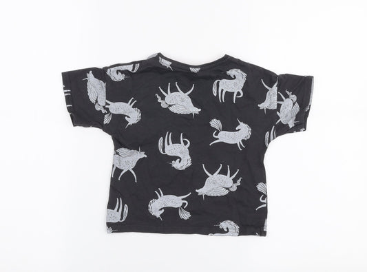 Matalan Girls Grey  100% Cotton Jersey T-Shirt Size 4 Years Round Neck Pullover - Unicorn