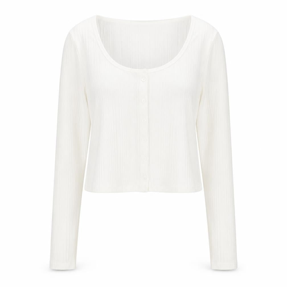 H&M Womens White  Polyester Cropped T-Shirt Size L Round Neck - Ribbed