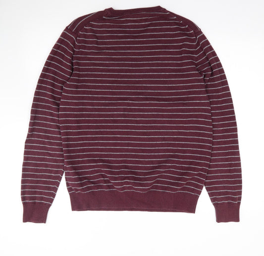 Amazon Essentials Mens Red V-Neck Striped Cotton Pullover Jumper Size M