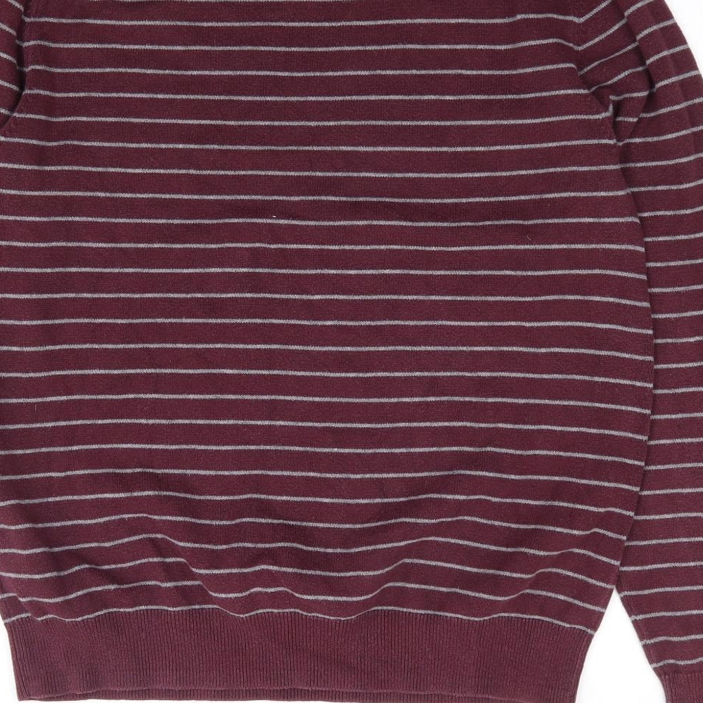 Amazon Essentials Mens Red V-Neck Striped Cotton Pullover Jumper Size M