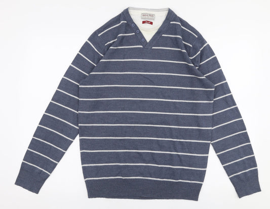TU Mens Blue V-Neck Striped Acrylic Pullover Jumper Size S