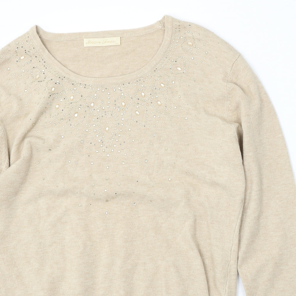 Moon Face Womens Beige Round Neck  Viscose Pullover Jumper Size M