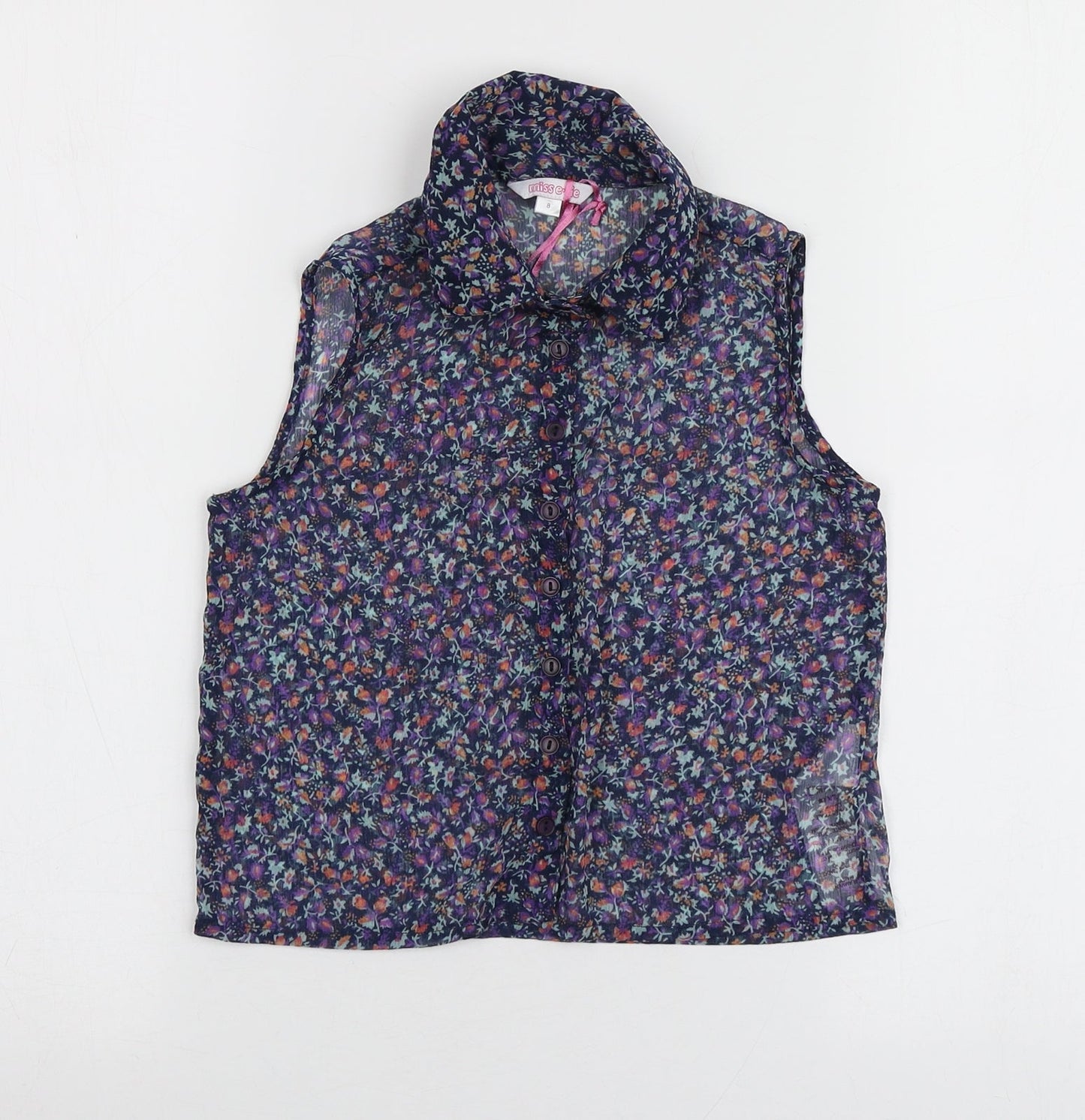 Miss Evie Girls Blue Floral Polyester Basic Button-Up Size 8 Years Collared