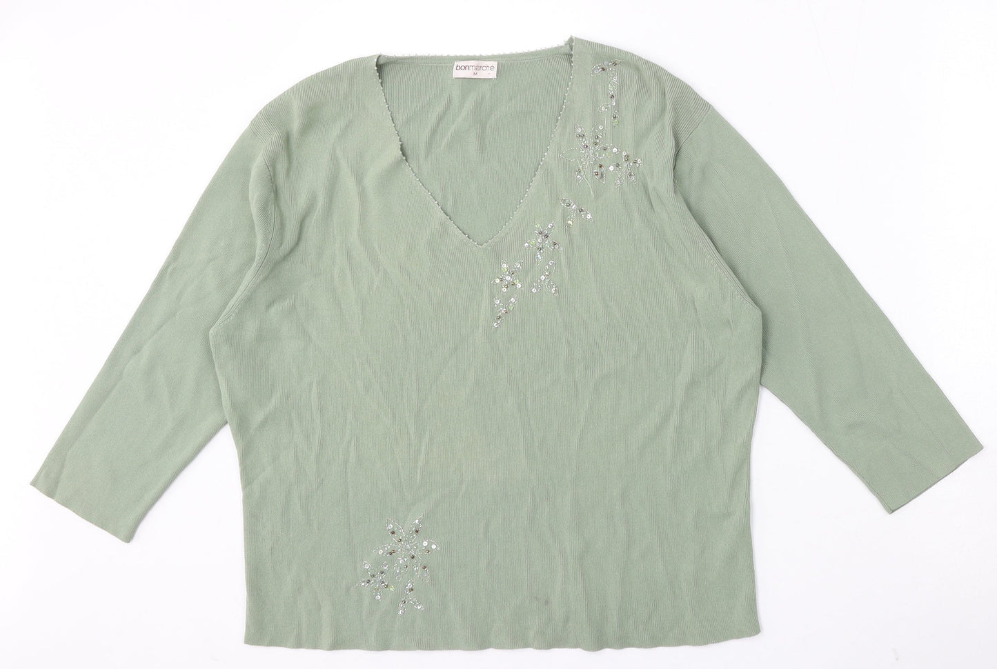 Bonmarché Womens Green V-Neck  Viscose Pullover Jumper Size M