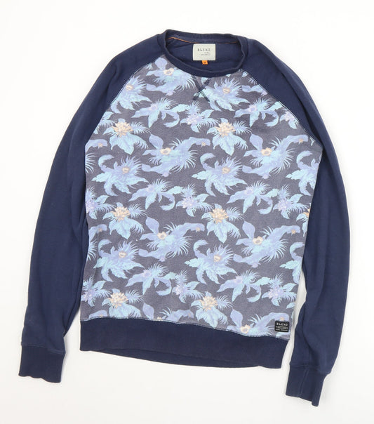 Blend Mens Blue Floral Cotton Pullover Sweatshirt Size M