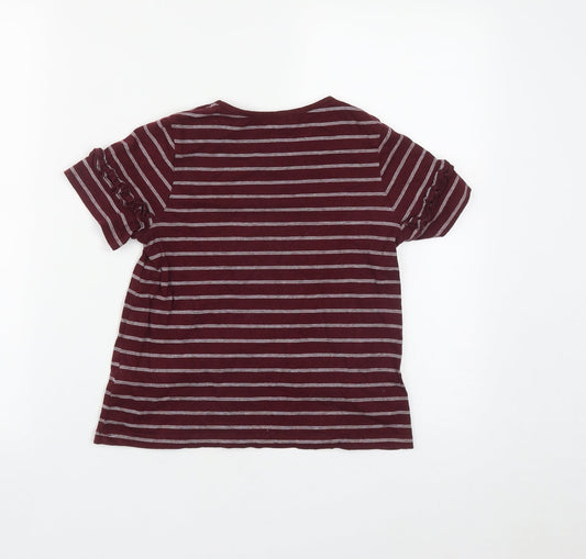 Marks and Spencer Girls Red Striped Cotton Basic T-Shirt Size 8-9 Years Round Neck - Shoulder Detail