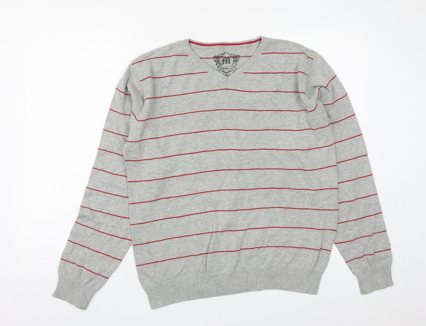 Cedar Wood State Mens Grey V-Neck Striped Cotton Pullover Jumper Size M