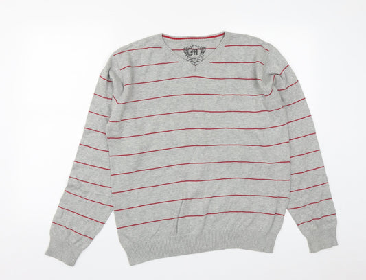 Cedar Wood State Mens Grey V-Neck Striped Cotton Pullover Jumper Size M