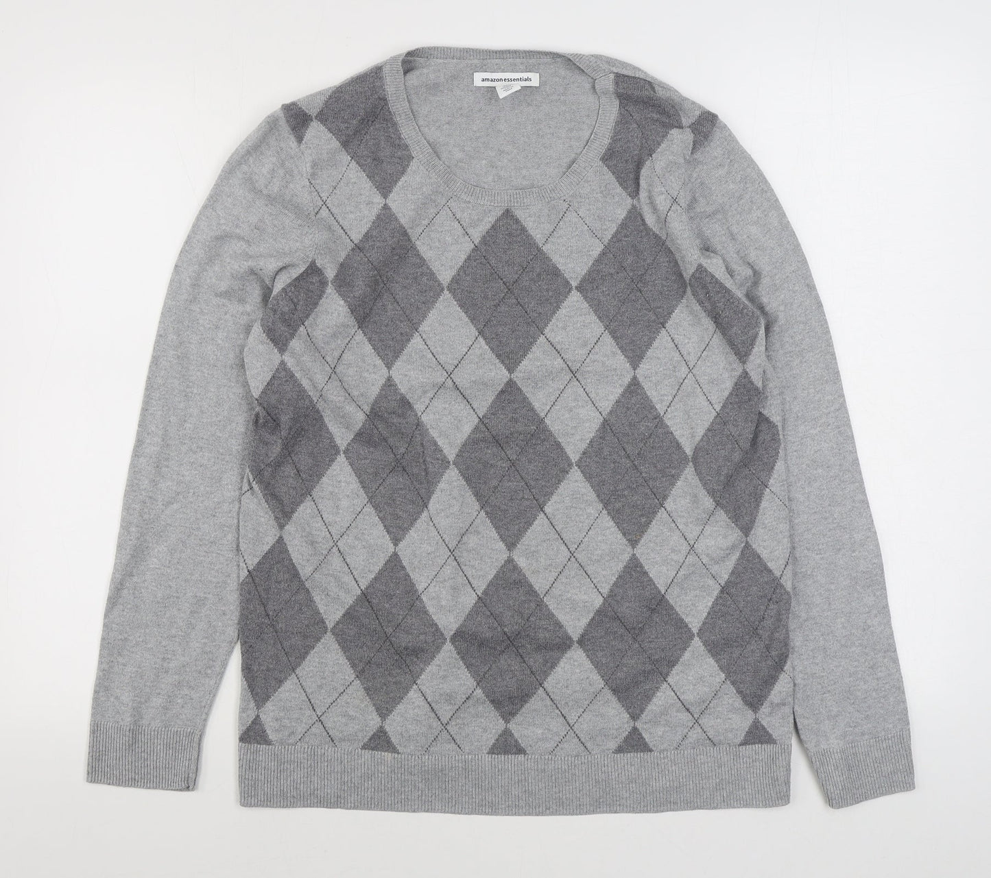 Amazon Essentials  Mens Grey Round Neck Argyle/Diamond Cotton Pullover Jumper Size L