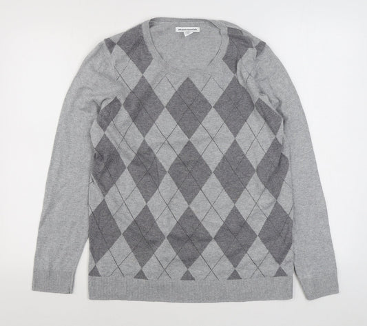 Amazon Essentials  Mens Grey Round Neck Argyle/Diamond Cotton Pullover Jumper Size L