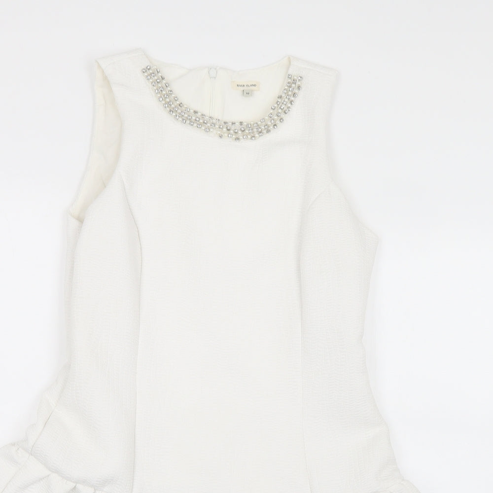 River Island Womens White  Polyester Fit & Flare  Size 10  Round Neck Zip