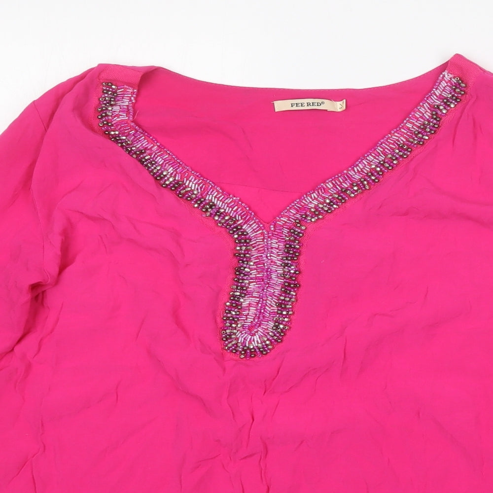 Fee Red Womens Pink  Nylon Basic T-Shirt Size S V-Neck