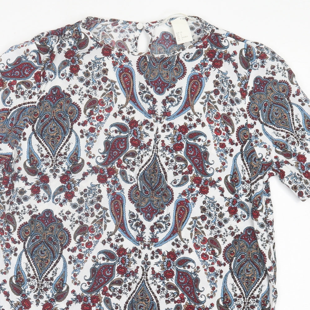 H&M Womens Multicoloured Geometric Viscose Basic T-Shirt Size 6 Crew Neck