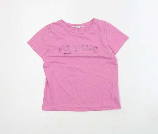 H&M Girls Pink  Cotton Basic T-Shirt Size 7-8 Years Crew Neck Pullover - Slogan