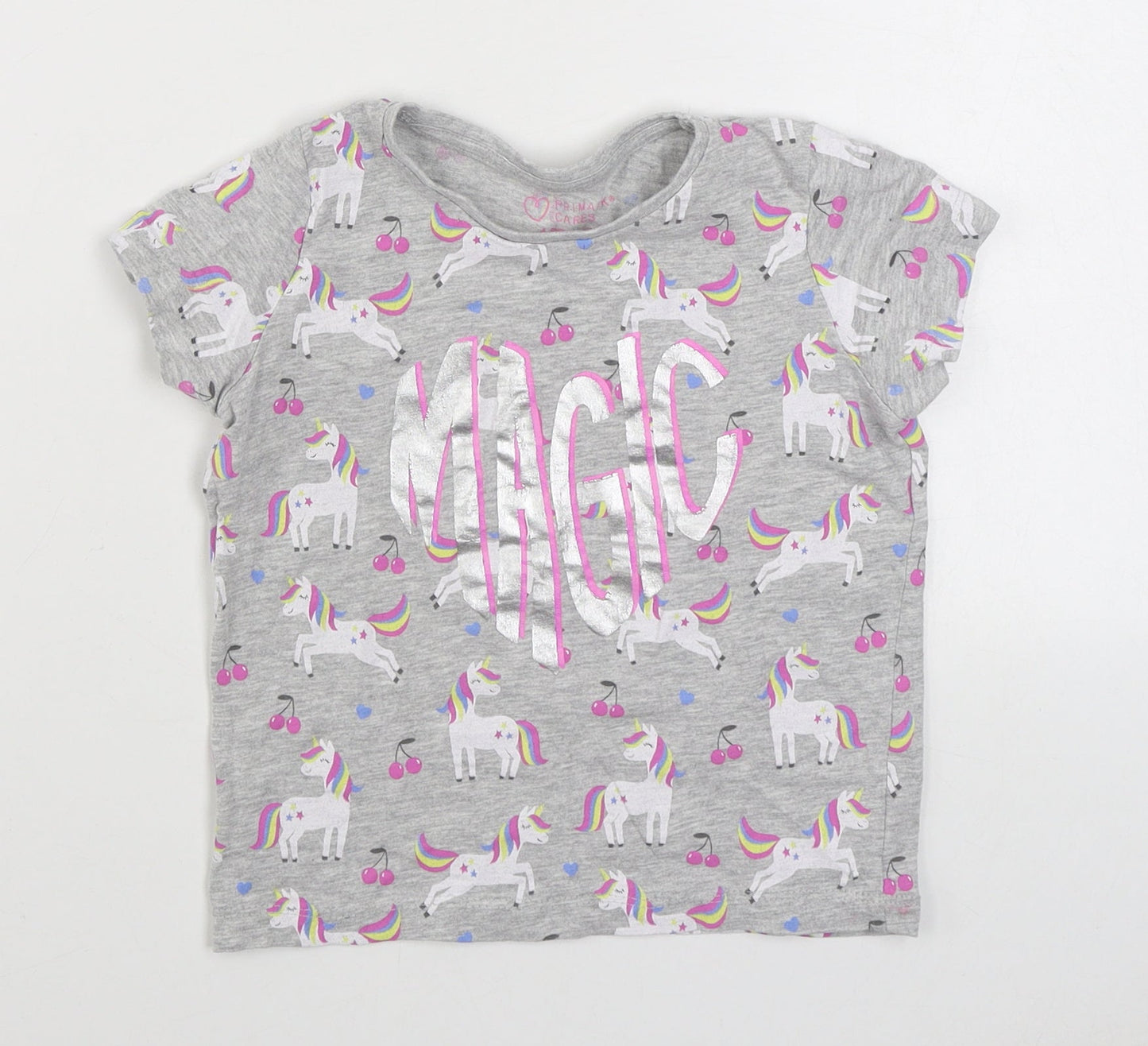 Primark Girls Grey Geometric Cotton Basic T-Shirt Size 4-5 Years Round Neck Pullover