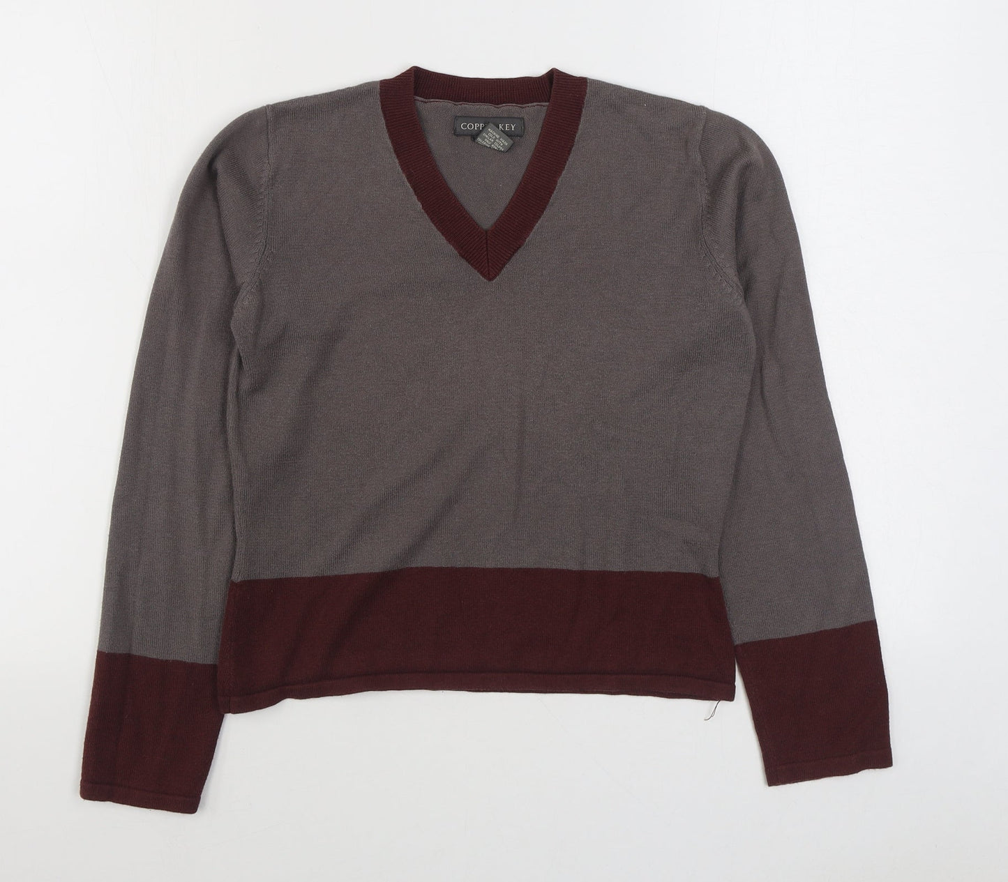 Copper Key Womens Grey V-Neck  Acrylic Pullover Jumper Size L
