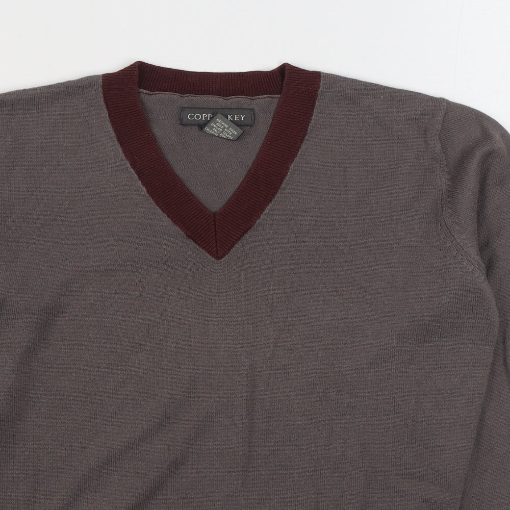 Copper Key Womens Grey V-Neck  Acrylic Pullover Jumper Size L