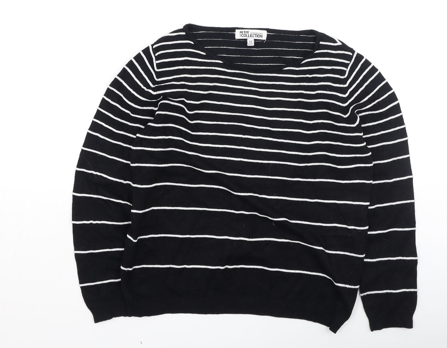 Debenhams Womens Black Round Neck Striped Viscose Pullover Jumper Size 12