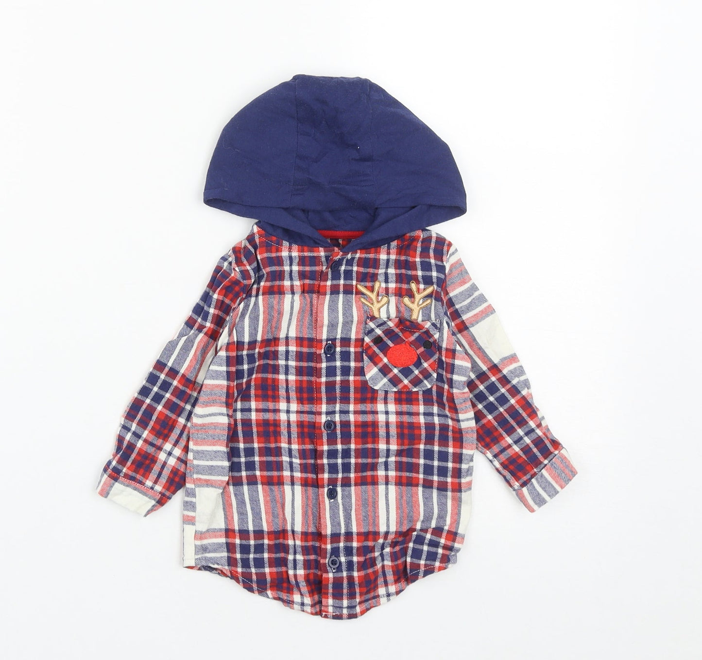 Dunnes Boys Multicoloured Plaid Cotton Basic Button-Up Size 9-12 Months Round Neck Button - Rudolph Christmas