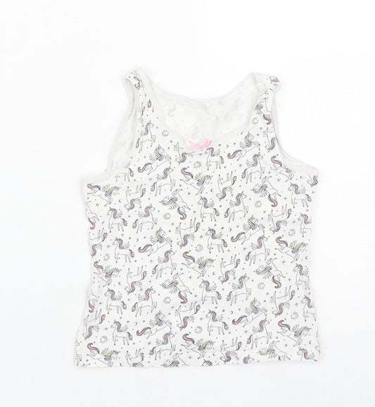 George Girls White Geometric Cotton Basic Tank Size 4-5 Years Round Neck  - Unicorn