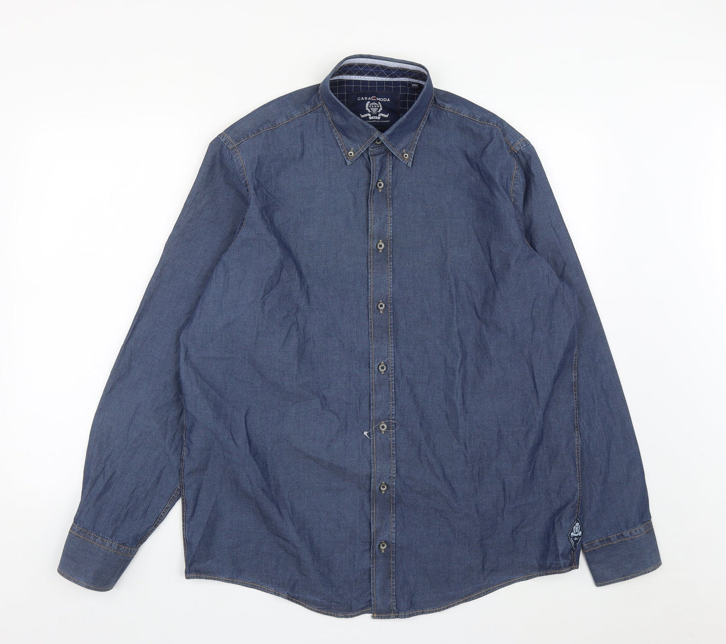 CASAMODA Mens Blue  Cotton  Button-Up Size L Collared Buckle
