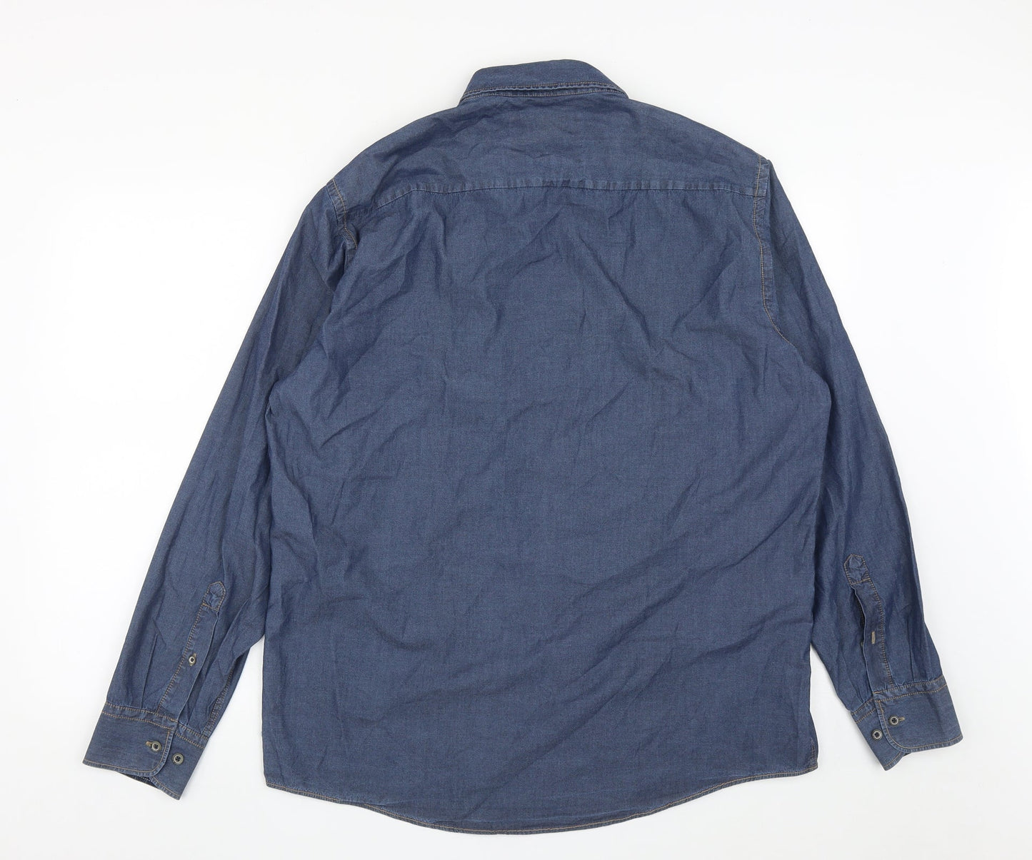CASAMODA Mens Blue  Cotton  Button-Up Size L Collared Buckle