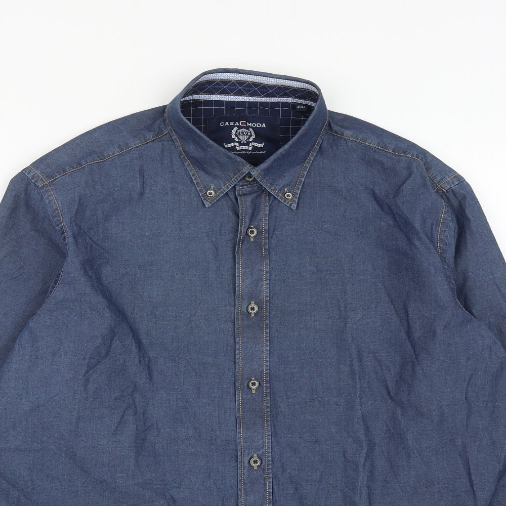 CASAMODA Mens Blue  Cotton  Button-Up Size L Collared Buckle