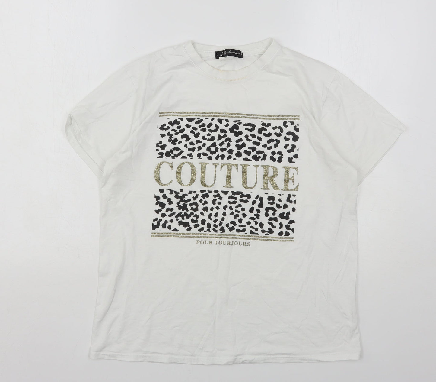 Stylewise Womens White Animal Print Cotton Basic T-Shirt Size S Round Neck