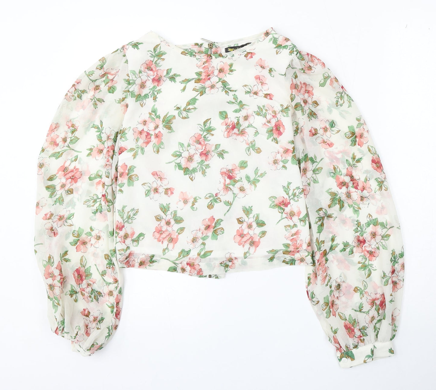 Angel Eye Womens White Floral Polyester Basic Blouse Size S Round Neck