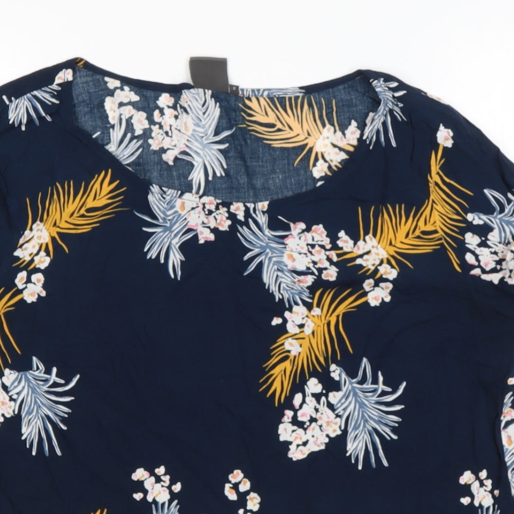 ICHI Womens Blue Floral Polyester Basic Blouse Size 12 Scoop Neck